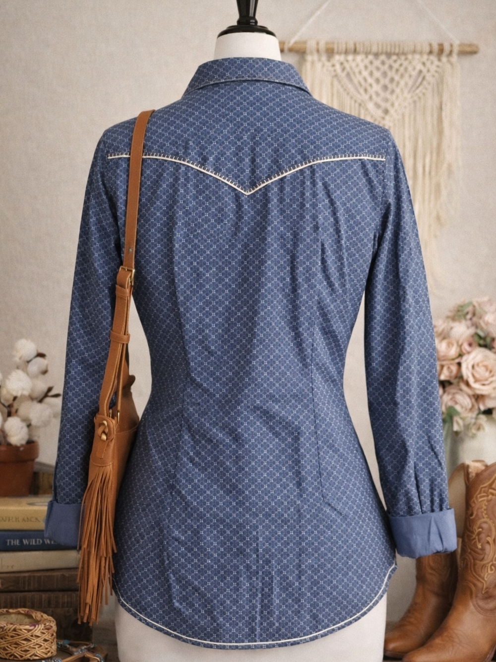 Panhandle Rough Stock Women's M Blue Pearl Snap Western Collar Long Sleeve Shirt - Picture 2 of 7